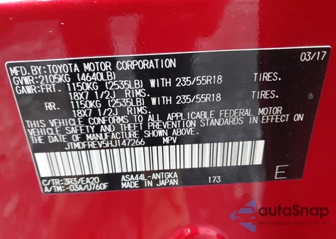 2017 Toyota Rav4 Limited z USA, uszkodzony, nr VIN JTMDFREV5HJ147266